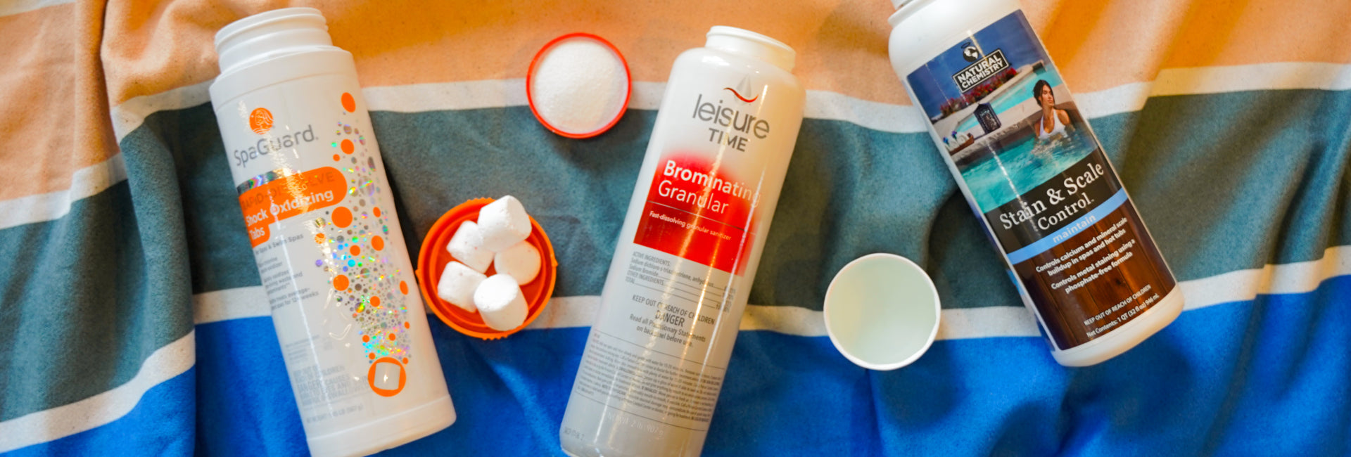 Different hot tub chemicals laid out