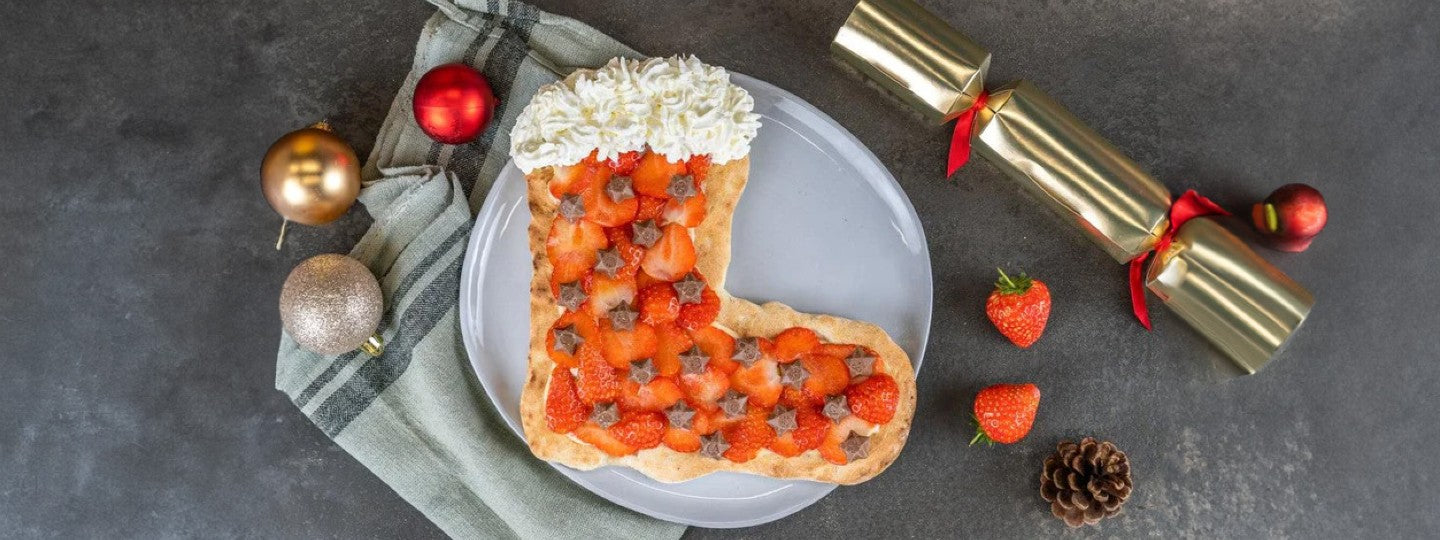 Strawberry and Vanilla Christmas Stocking Dessert Pizza